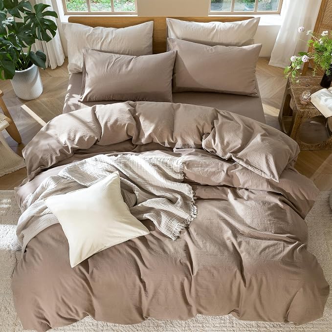 MooMee Duvet Cover Set 100% Washed Cotton Linen Like Full | Relaxed Linen-like Texture. Soft, Breathable & Long-lasting Comfort. Lightweight. Hidden Zipper with 8 Interior Corner Ties