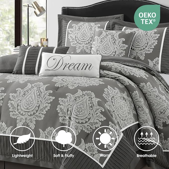 Grey King Size Comforter Set 7 Pieces, Jacquard Woven with Damask, Bedding Set in a Bag Includes Comforter, Bed Skirt, Pillow Shams, and Decorative Pillows