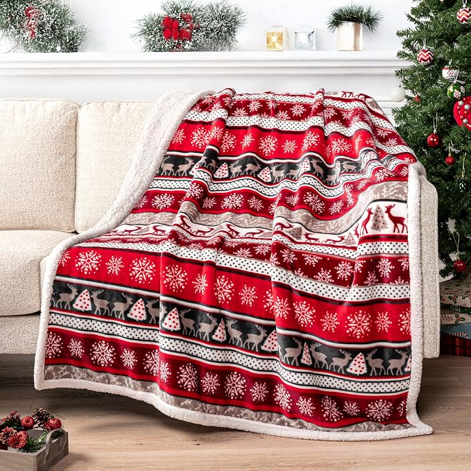 PAVILIA Christmas Sherpa Throw Blanket, Red & White Snowflake, Reindeer, Reversible Fleece & Sherpa Cozy Winter Blanket for Couch & Bed, 50x60, Christmas & Holiday Decor