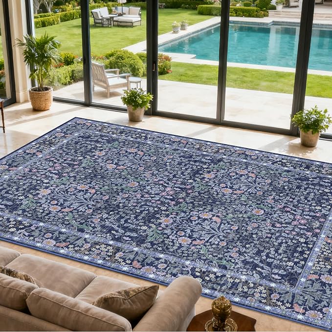 Extra Large 10x14 Area Rug for Living Room, Washable Rugs for Dining Room, Bedroom, Non Slip Stain Resistant Carpet, Low Pile Vintage Floral Rug (Blue)
