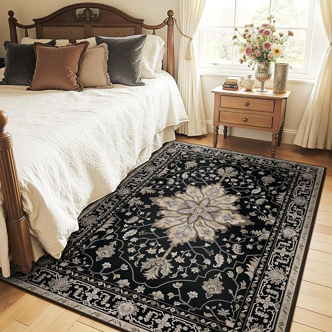 RELEANY Washable Area Rug, 4'x6', Black/Neutral | Non-Slip, Water Repellent, Pet Friendly, Easy to Clean, Vintage Floral Boho Decor for Living Room Bedroom Kitchen Office