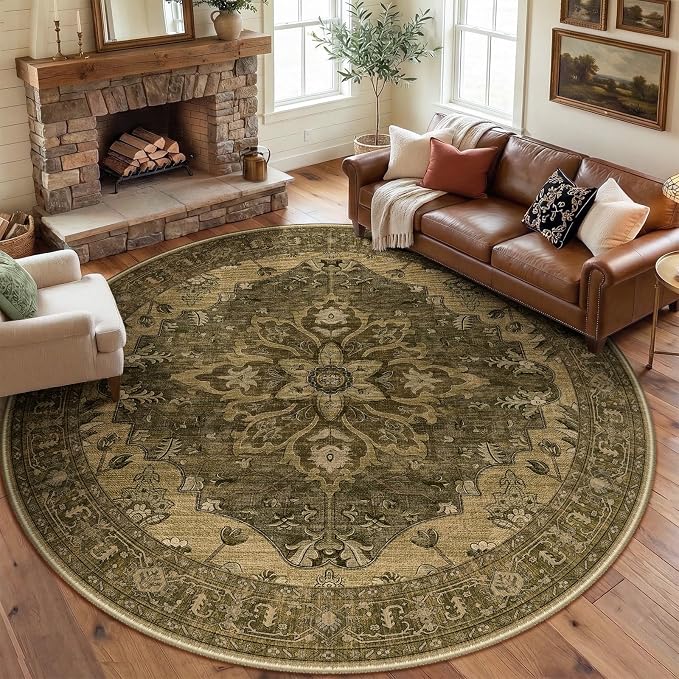 RELEANY Washable Area Rug, Round 8ft, Brown/Dark Brown | Non-Slip, Water Repellent, Pet Friendly, Easy to Clean, Vintage Floral Boho Decor for Living Room Bedroom Dining Room