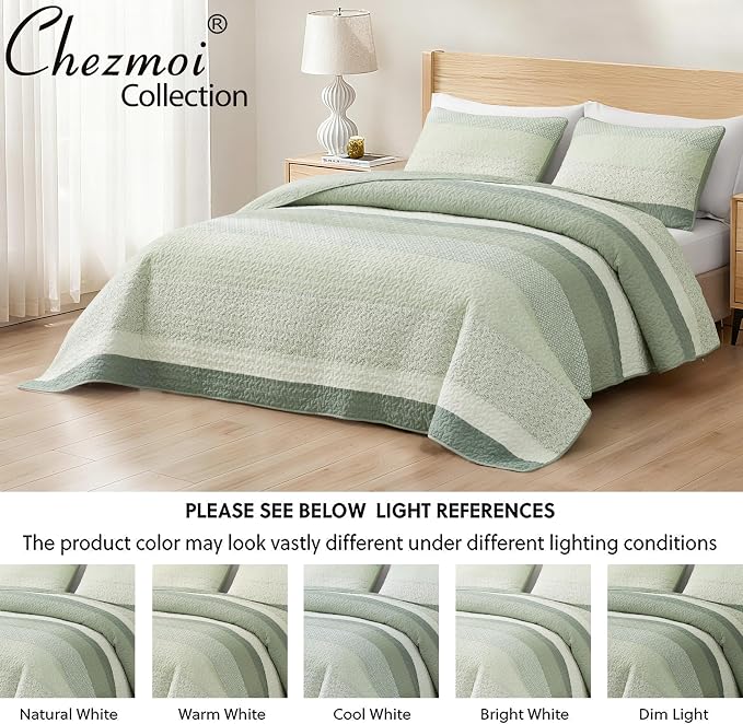 Chezmoi Collection Reed 3-Piece Chic Patchwork Striped Quilt Set - Green Floral Coverlet - Pre-Washed Cotton Lightweight Reversible Bedspread, Queen Size