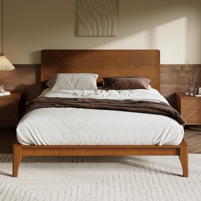 Merax Queen Size Bamboo Platform Bed Frame with Tall Headboard, Brown | Mid-Century Modern Solid Bedframe Queen-Size, Wood Slat Support, No Box Spring Needed, Easy Assembly, Noise Free