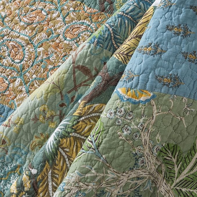 Cotton Patchwork Bedspread, 3-Piece Bedding Quilt Set with Real Stitched Embroidery, Reversible Matelasse Bed Coverlet Set,Green Farmhouse Garden,Twin Size