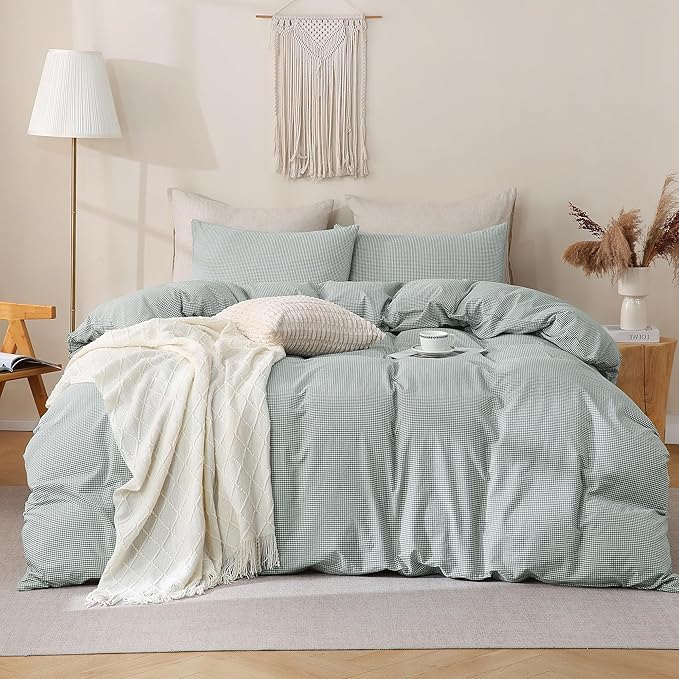 TOCOMOA Mini Gingham Green Duvet Cover Set Washed Cotton Like Linen, King | 100% Washed Cotton Linen-Like Feel Soft, Breathable & Comfy. Lightweight Bedding Set with Zipper & 8 Ties. 3 Pcs, No Insert