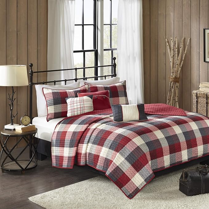 Madison Park Cabin Lifestyle Plaid Quilt Set, 6PC King/Cal King Coverlet | All Season, Luxurious Coverlet Bedspread Lightweight Bedding Layer, Shams, Decorative Pillow, Red