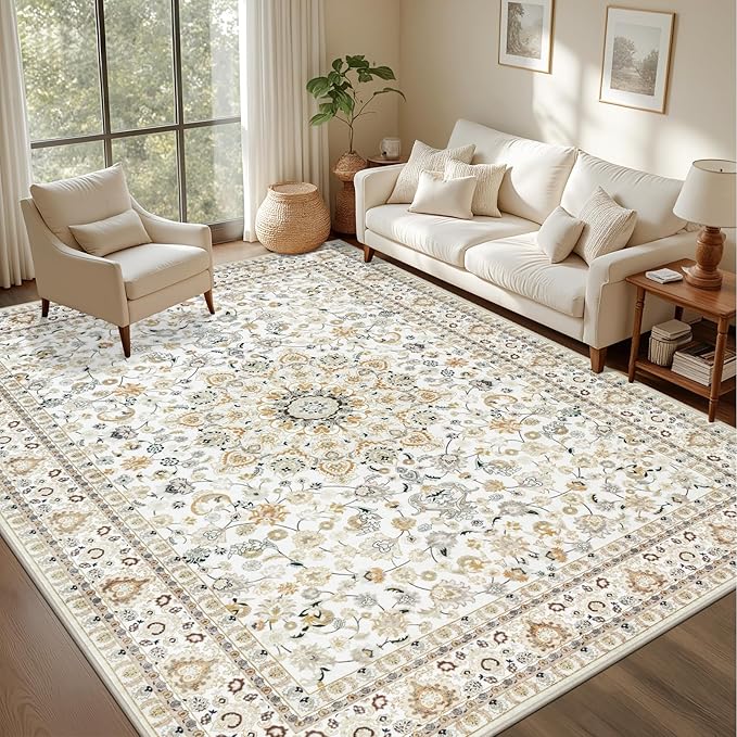 5x7 Area Rugs Living Room: Washable Vintage Rug for Bedroom Beige | Boho No Slip Stain Resistant Rug Soft Indoor Decor Floor Floral 5x7 Area Rugs for Dining Room, Nursery, Hallway, Home Office