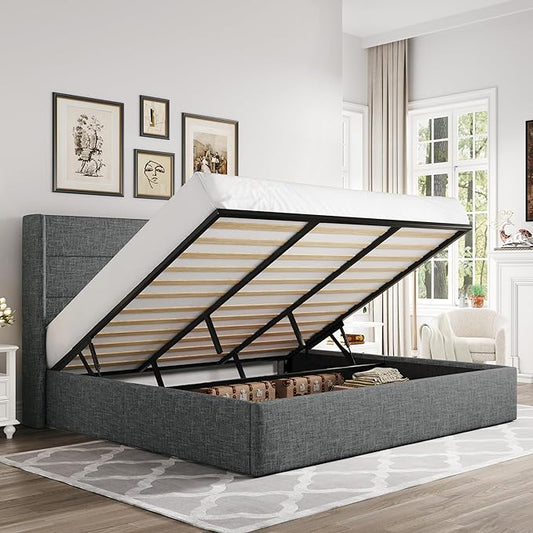 Allewie King Size Lift Up Hydraulic Storage Bed Frame Dark Grey | Modern Wingback Headboard, Hydraulic Support Storage, No Box Spring Needed