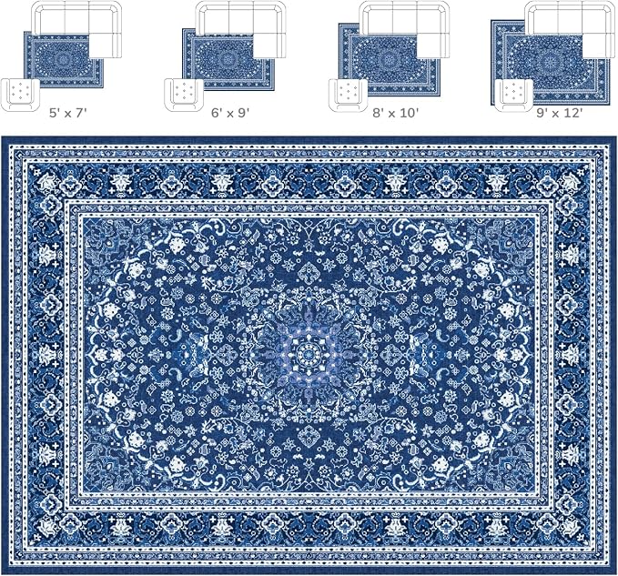 8 x 10 Area Rugs for Living Room, Washable Bedroom Large Rug Blue | Boho Low Pile Rug for Dining Room, Floral Medallion Vintage Carpets with Non-Slip Backing, Kids Pet Friendly, Fit All Vacuums