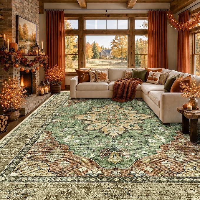 RELEANY Washable Area Rug, 8'x10', Brick/Brown/Green | Non-Slip, Water Repellent, Pet Friendly, Easy to Clean, Vintage Floral Boho Decor for Living Room Bedroom Dining Room