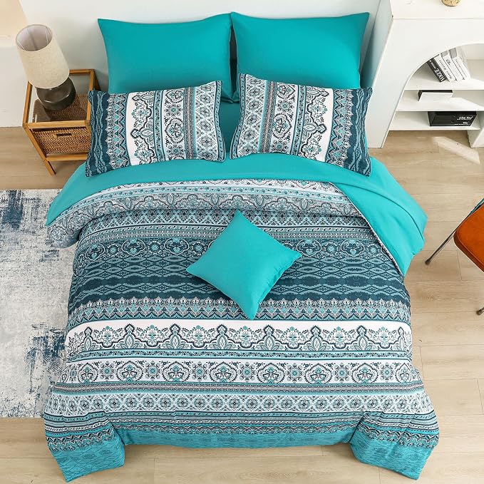 Cottolester Boho Queen Comforter Set 8 Pieces, Teal Comforter Bohemian Striped Bed in A Bag,Soft Microfiber Bedding Set for All Seasons