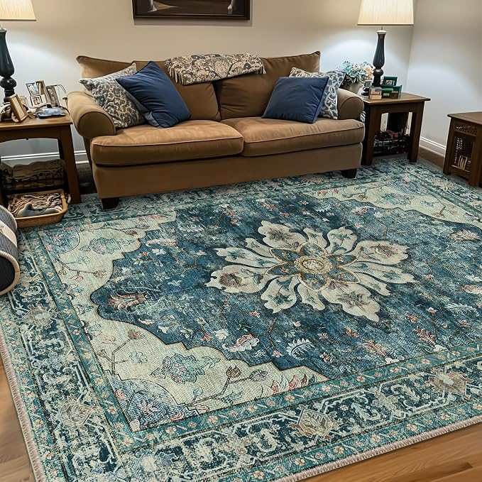 RELEANY Washable Area Rug, 7'x9', Blue/Vintage Dark Blue | Non-Slip, Water Repellent, Pet Friendly, Easy to Clean, Vintage Floral Boho Decor for Living Room Bedroom Dining Room Office