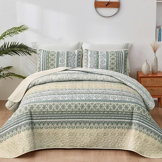 WONGS BEDDING Boho Quilt Queen Size,3 Pcs Beige Bedspread Bedding Set | Colorful Bohemian Striped Printed Bedding for All Season, Lightweight Microfiber Coverlet Set with 2 Pillowcases(96"x90")