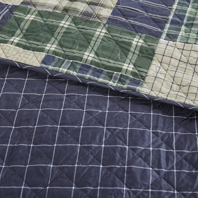 Madison Park Patchwork Farmhouse Green/Navy Queen Quilt Set, 3pc | Diamond Quilted, Reversible Coverlet Set, Plush Cotton Filled, Lightweight, Machine Washable, Easy Care, All-Season, Cozy
