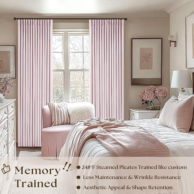 Light Pink Pinch Pleated Linen Blackout Curtains 90 Inches Long for Bedroom | 100% Black Out Thermal Insulated, Pinch Pleat with Ring Hooks Back Tab, Room Darkening Drapes with Liner, for Girls Nursery