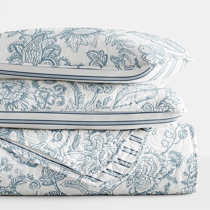 Merit Linens Soft Quilt Coverlet Bedding Set - Reversible Patterns - King/Cal-King Dusk Blue