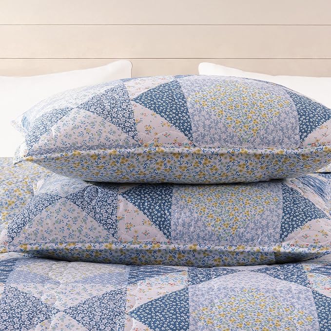 King Quilt Set-3 Pieces Soft Bedding Lightweight Floral Patchwork Coverlet | All Seasons Quilts Queen Size for Bed, 1 Quilt (106" x 94") and 2 Shams (20" x 36"), Vintage Bedspread, Blue Marigold