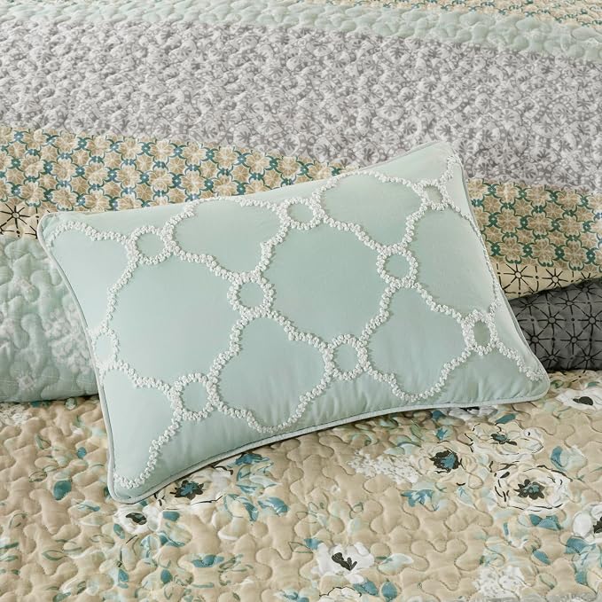 Madison Park Cotton Floral Coverlet Green King Quilt Set, 6pc | Double Sided Stitching, All-Season, Lightweight, Shabby Chic Bedding Layer, Machine Washable, Cozy, Breathable, Soft