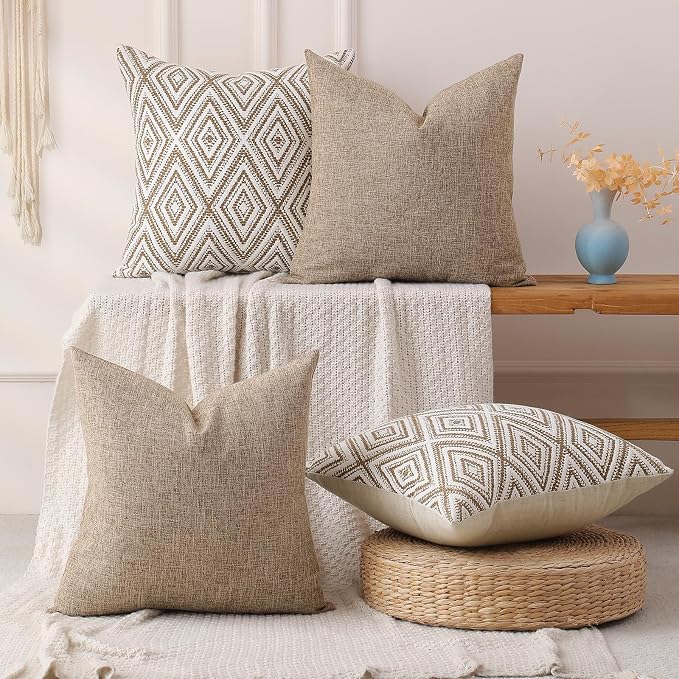 HPUK Throw Pillow Covers 20x20, Set of 4, Light Brown Couch Pillow Covers | Polyester fabric, patterned and solid designs, hidden zippers, machine washable, for sofas and beds, inserts not included
