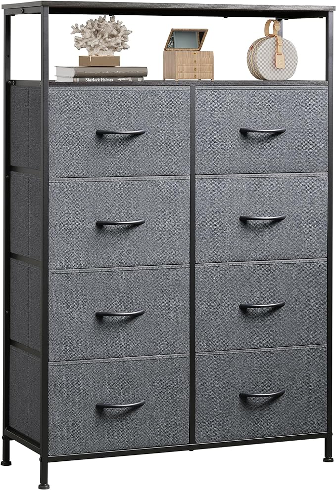 WLIVE 8 Drawer Fabric Dresser Open Shelves, Tall Bedroom Chest, Dark Grey | Dark Grey 8 fabric drawers plus open shelves, steel frame with wood top, great for bedroom closet entryway and dorm storage
