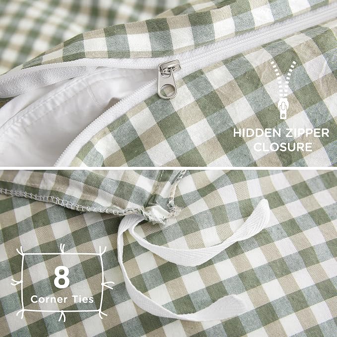 TOCOMOA Green Gingham Duvet Cover Set Washed Cotton Like Linen, Full | 100% Washed Cotton Linen-Like Feel Soft, Breathable & Comfy. Lightweight Bedding Set with Zipper & 8 Ties. 3 Pcs, No Insert