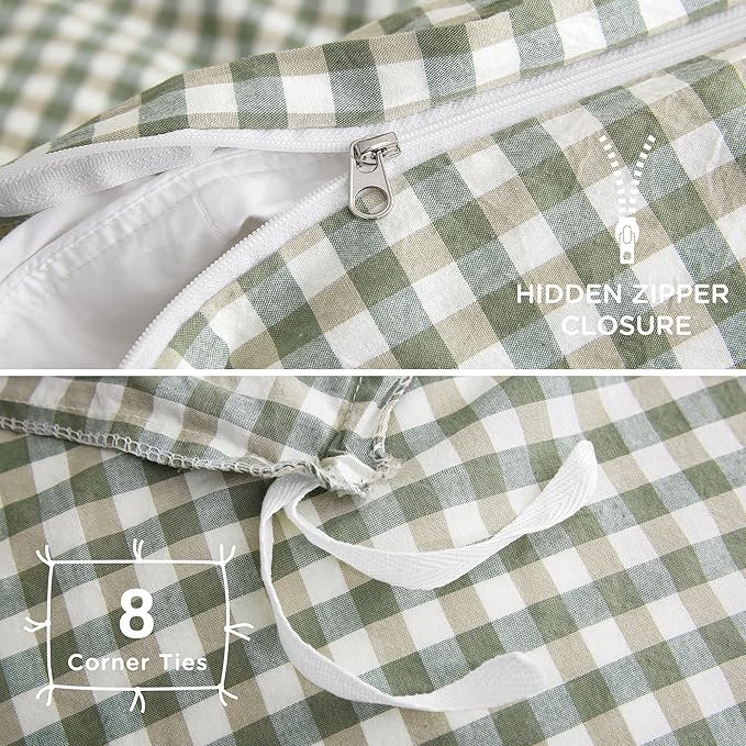 TOCOMOA Green Gingham Duvet Cover Set Washed Cotton Like Linen, Twin | 100% Washed Cotton Linen-Like Feel Soft, Breathable & Comfy. Lightweight Bedding Set with Zipper & 8 Ties. 2 Pcs, No Insert