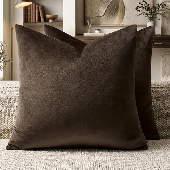GIGIZAZA Brown Velvet Pillow Covers 22x22 Decorative Pillows Pack of 2 | Throw Pillows for Couch Sofa,280gsm Soft Textured Fabric,Modern Square Pillowcases,Luxury Cushion Covers