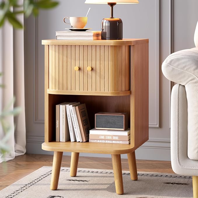 Decofy Fluted Nightstand with Charging Station & Sliding Door, Oak | Open Shelf, Space-Saving, Concealed Cabinet Storage, Mid Century Modern Bedside Tables, Bedroom End Tables