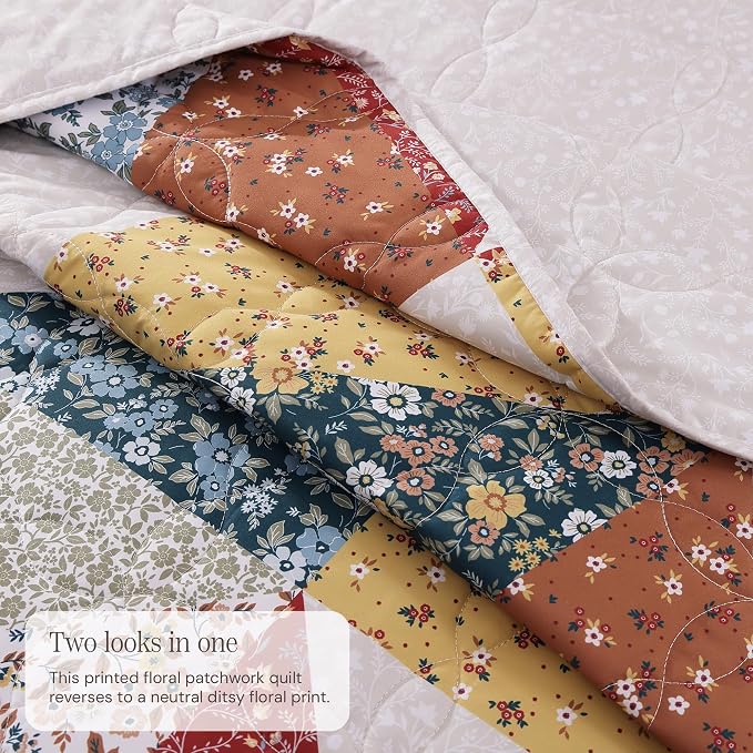 King Quilt Set-3 Pieces Soft Bedding Lightweight Floral Patchwork Coverlet | All Seasons Quilts Queen Size for Bed, 1 Quilt (106" x 94") and 2 Shams (20" x 36"), Vintage Bedspread, Burnt Orange
