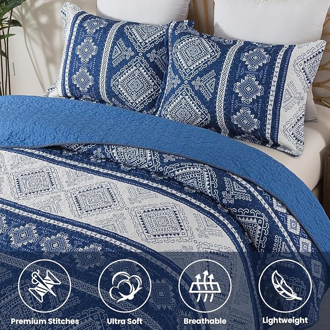 Quilt Set King Size, Bedspread Sets Blue Tribal Geometric, Reversible Quilt Bedding Set Lightweight and Breathable for All Seasons, Soft Quilted Bedspread with 2 Pillow Shams