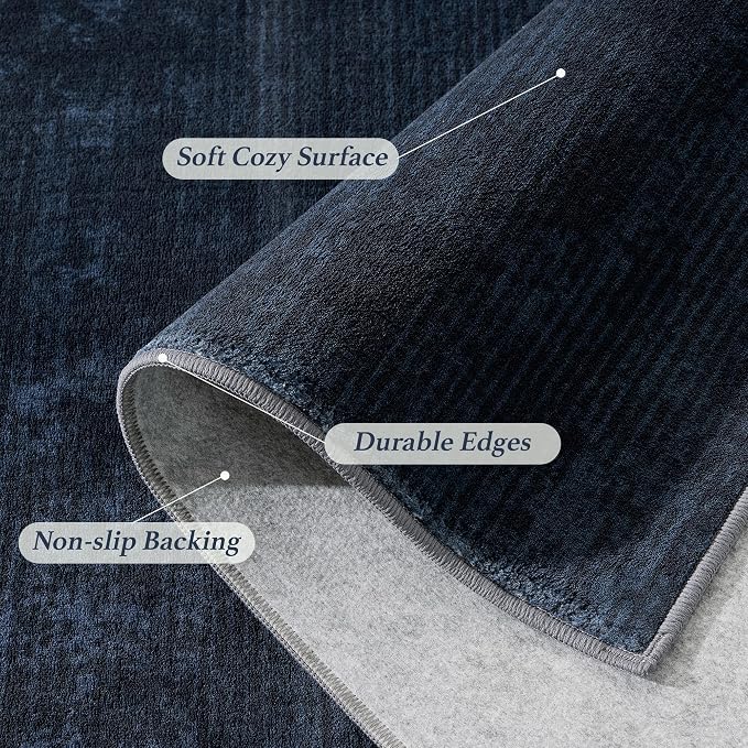 3x5 Washable Area Rug, Navy Blue Solid Area Rugs for Living Room & Bedroom | Stain-resistant & Non-slip backing,Low Pile Washable Large Carpet, Solid Vintage Style For High Traffic Areas(3x5,Navy Blue)