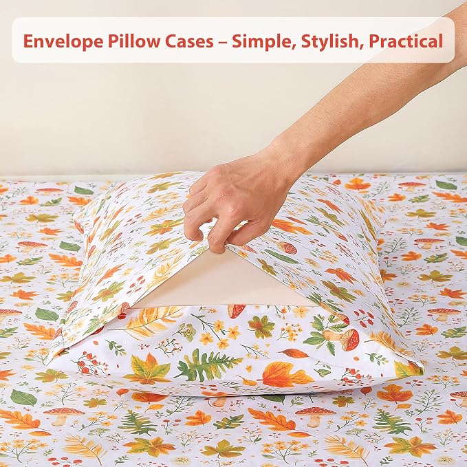 Softan Orange Floral Queen Size Sheet Set, Printed Microfiber Fitted Sheet with 15" Deep Pockets & Non-Slip Straps, Maple Leaves & Mushroom Patterned Bedding Sheets & Pillowcase Set