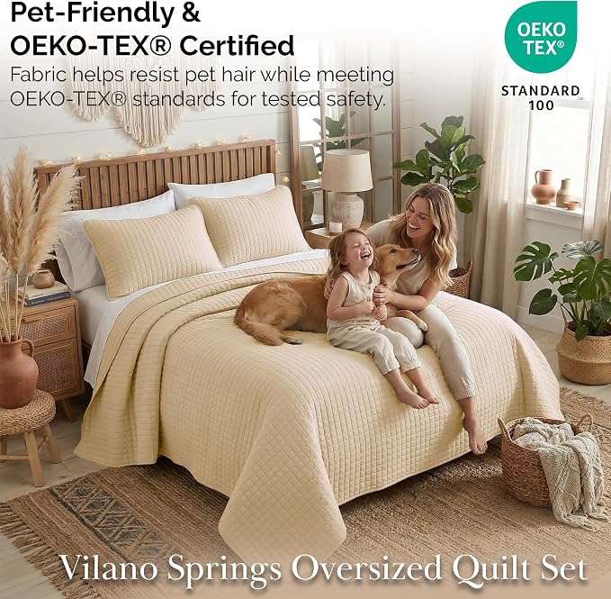 Southshore Fine Living, Inc. Queen Size Quilt Bedding Set, Hotel Quilts, Pet Hair Resistant Bedding Sets, Coverlet Queen Size, Full Size Bedspread with 2 Pillow Shams, Beige Quilts, Soft Sand