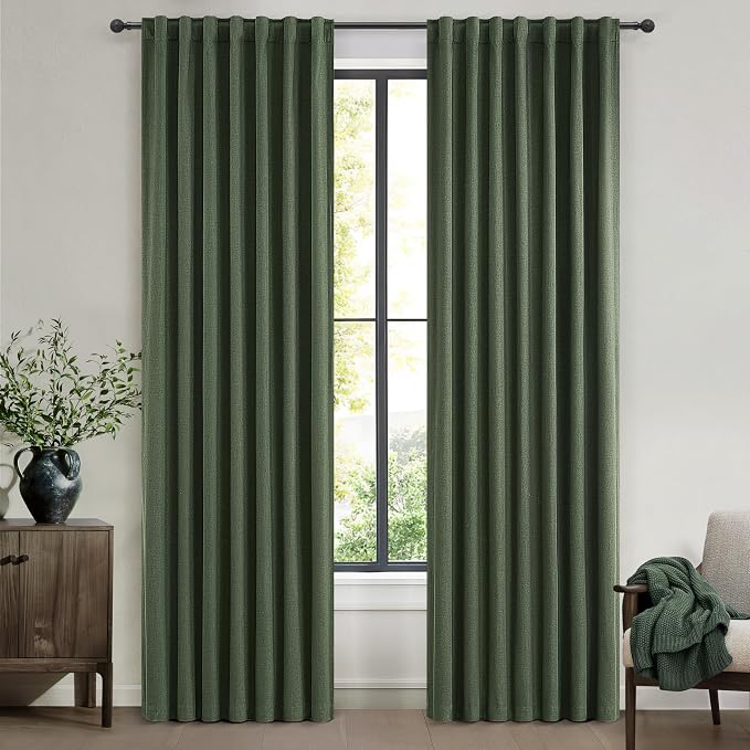 QJmydeco Dark Green Curtains 86 Inches Long, Blackout Spring Curtains for Living Room Cooling Heat Reflective Linen Look Vintage Drapes for Bedroom Back Tab Pleated (Olive,2Panels W50 xL86)