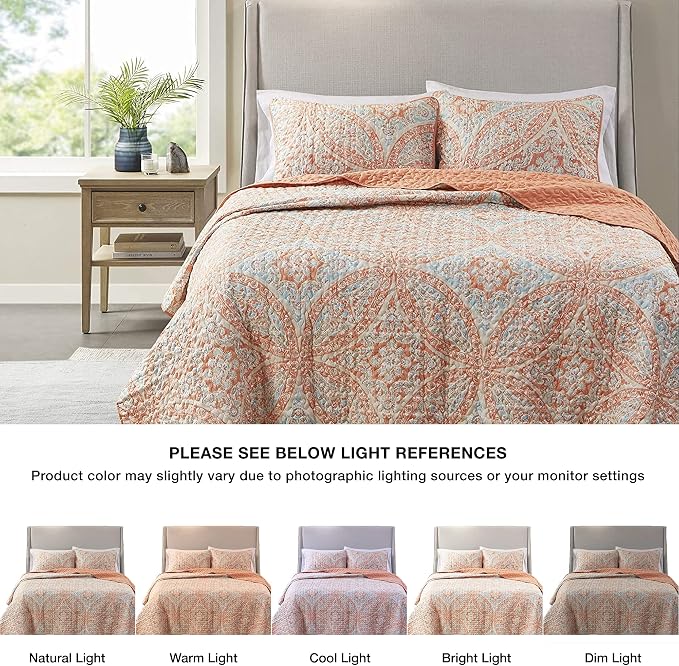 Comfort Spaces Gloria Boho Full Queen Quilt Set 3 Piece for Summer Coral | Reversible Coverlet Bedspread, Soft All Season, Medallion Pattern, Winter Layer with Shams Modern Lightweight, Cozy Comfort