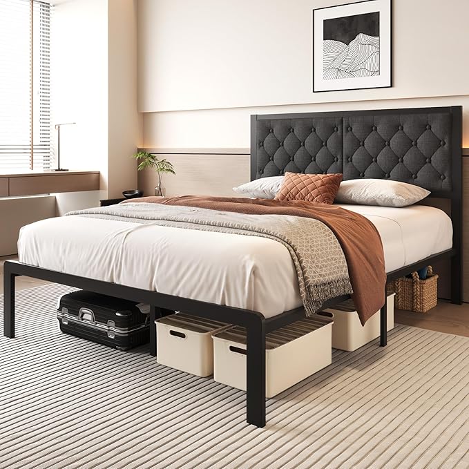 Fluest Queen Bed Frame with Headboard Linen Upholstered Bed Frame Platform,All Metal Slats Support Platform Bed Frame with Storage Space,Easy Assembly,Noise Free,No Box Spring Needed,Grey