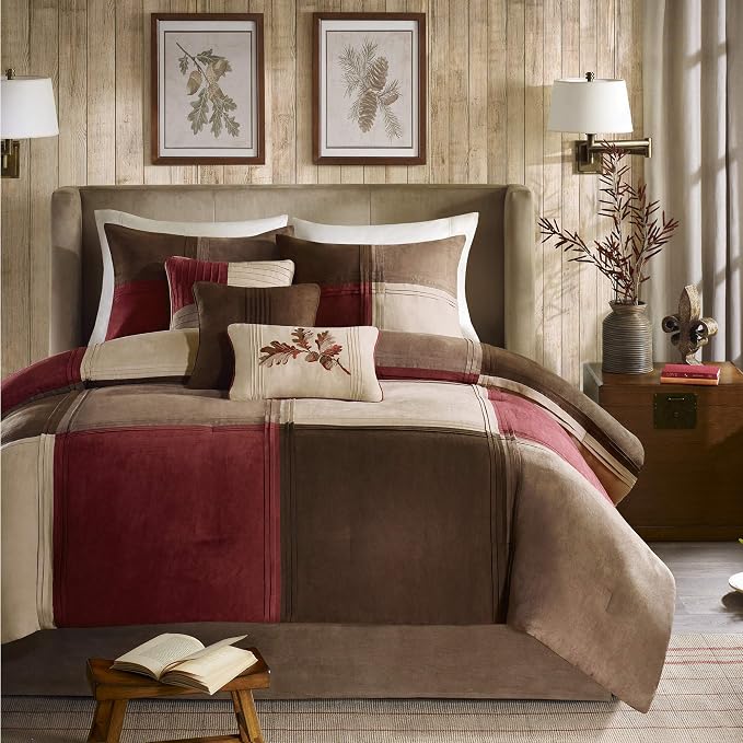 Madison Park Casual Blocks Comforter Set, 7PC Cal King Bedding Set | All Season, with Comforter, Shams, Bed Skirt, Decorative Pillows, Red Brown, Red
