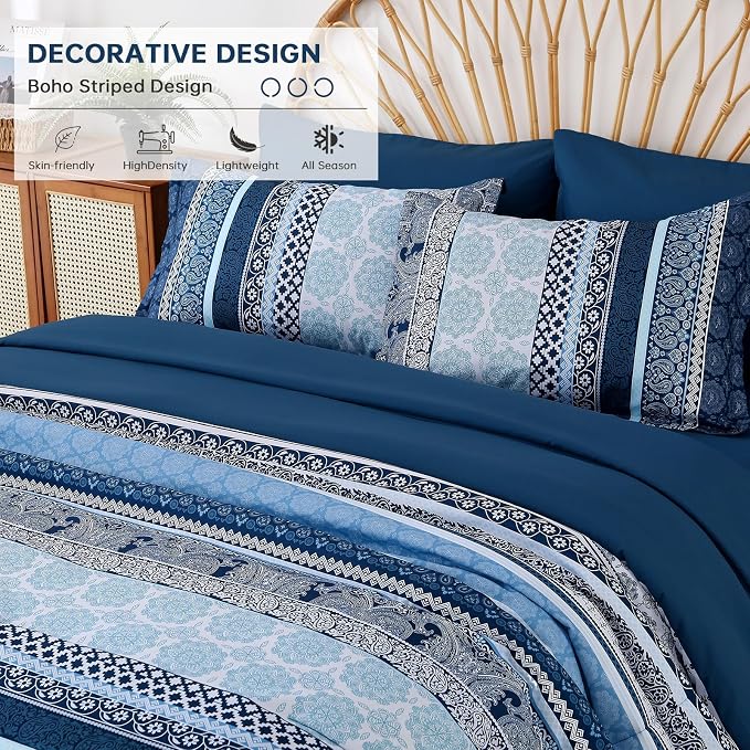 Boho Comforter Set King Size,8 Pieces Navy Blue Bohemian Striped Bed in a Bag,Paisley Soft Microfiber Bedding Comforter Set