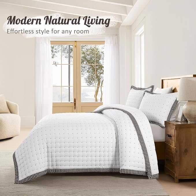 WDCOZY White Cloud Quilt Set King Size, Lightweight Soft Cross Stitch Bedspread, Farmhouse Rustic Country Coverlet, Spring Summer Thin Comforter, 3 Pieces, 2 Pillow Shams, 104x90 inches