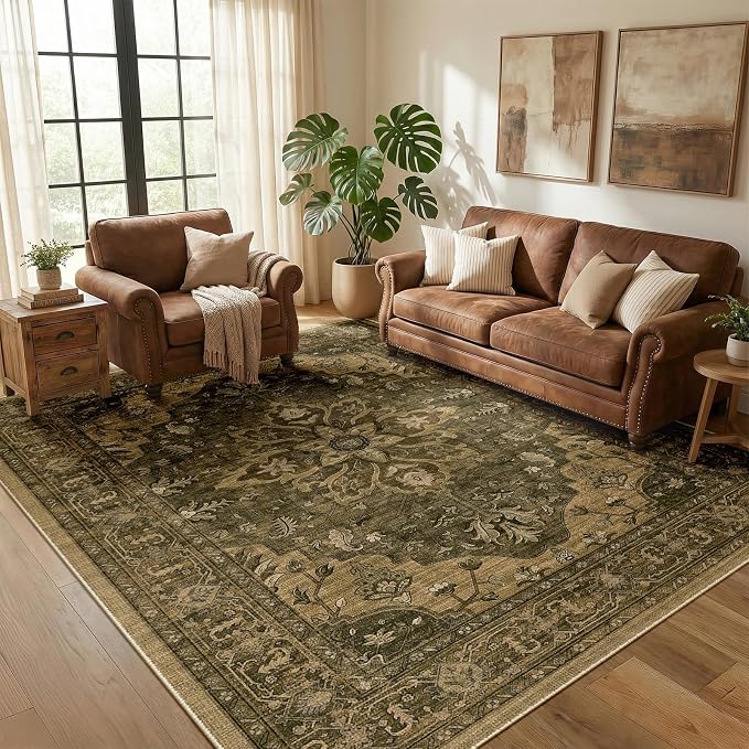 RELEANY Washable Area Rug, 5'x7', Brown/Dark Brown | Non-Slip, Water Repellent, Pet Friendly, Easy to Clean, Vintage Floral Boho Decor for Living Room Bedroom Dining Room Office