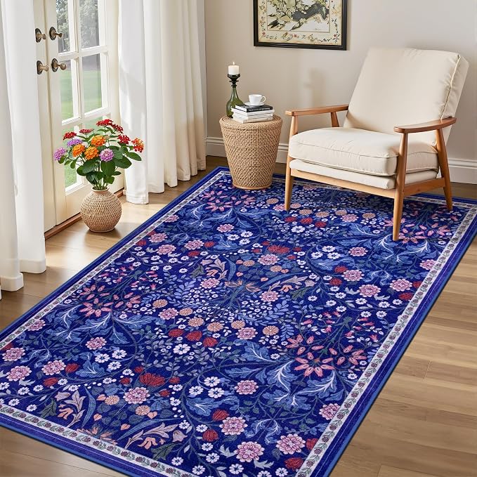 PLHXFR Area Rug Living Room: 3x5 Floral Washable Boho Soft Carpet Blue | For Bedroom Dining Room Farmhouse Nursery Hallway,Vintage Floral,Machine washable,Non Slip,Stain Resistant,Large Indoor