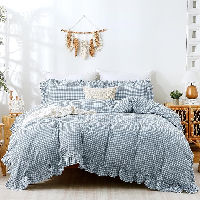 ATsense Blue Gingham Ruffle Duvet Cover Set Cotton Like Linen, King | 100% Washed Cotton Linen-Like Feel Soft, Breathable & Comfy. Farmhouse Bedding Set with Zipper & 8 Ties. 3 Pcs, No Insert