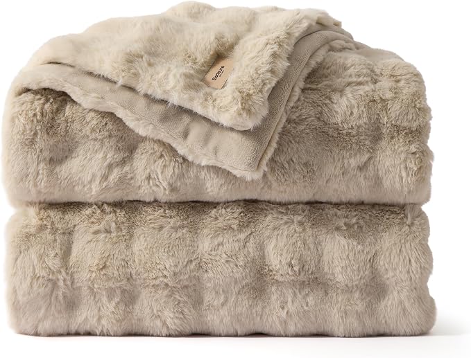 Bedsure GentleSoft Bubble Faux Fur King Size Blanket for Bed, Fluffy Fuzzy King Blanket for Winter, Soft Cozy Faux Fur Bedding Thick Warm Plush Decor for Bedroom, Beige, 104x90