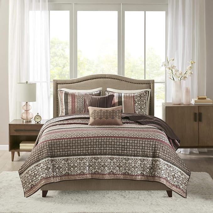 Madison Park Quilt Set Luxurious Jacquard Stripes Design - All Season, Coverlet Bedspread Lightweight Bedding Layer, Shams, Decorative Pillow, King/Cal King(104"x94"), Floral Red 5 Piece | All Season, Luxurious Coverlet Bedspread Lightweight Bedding La...