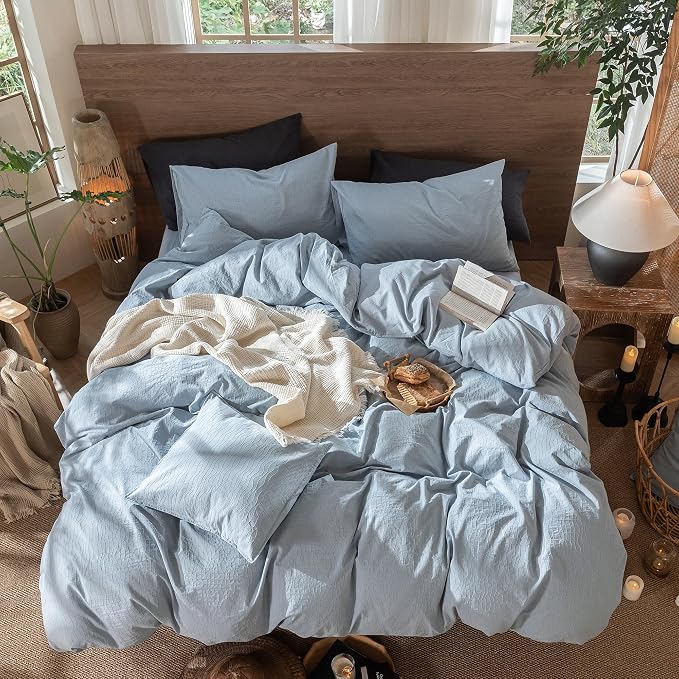 MooMee Wavy Striped Duvet Cover Set 100% Washed Cotton Linen Like Textured Breathable Durable Soft Comfy (Cornflower Blue, Queen 90"x90")
