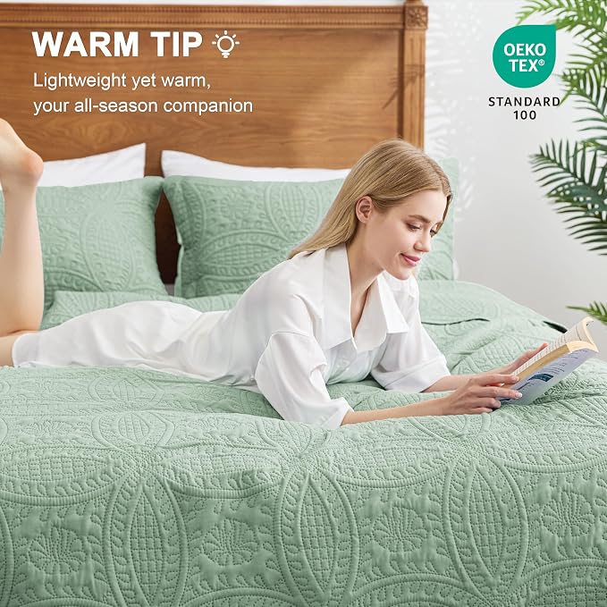 Love's cabin Oversized King Size Quilt Bedding Set Sage Bedspreads - Oversized King Lightweight Bedspread Comforter - Coin Pattern Coverlet for All Season - 3 Pieces (1 Quilt, 2 Pillow Shams)