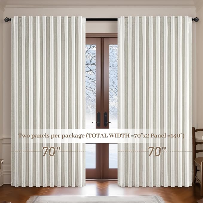 108 Inch Floor to Ceiling Blackout Curtains 70 Inches Wide for Sliding Glass Door,Luxury Pleated Cream Beige Linen Room Darkening Privacy for Wide Large Windows 66 to 120 Drapes(70"W x 108"L 2 Panels)
