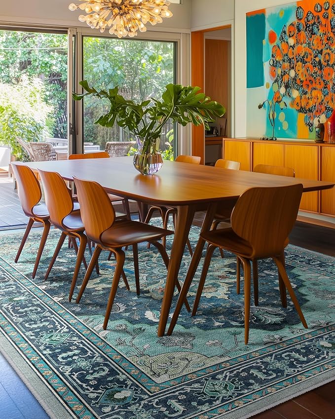 RELEANY Washable Area Rug, 8'x10', Teal | Non-Slip, Water Repellent, Pet Friendly, Easy to Clean, Vintage Floral Boho Decor for Living Room Bedroom Dining Room