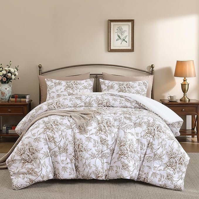 JANZAA Queen Size Comforter Set - Yellow Khaki Floral Shabby Chic Bedding | 3 Piece Cute Floral Bedding for All Season, 1 Soft Fluffy Breathable Microfiber Comforter Set with 2 Pillowcases